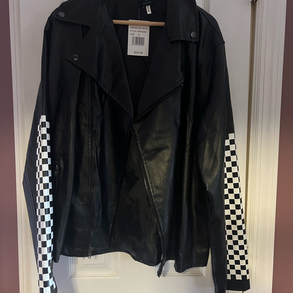 Black Faux Leather Jacket with Checkered Sleeves